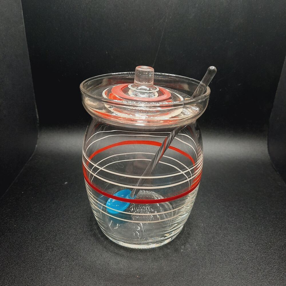 Vintage Mid-Century Red & White Striped Honey Jam Jar Pot Lid Glass Spoon - Picture 1 of 10